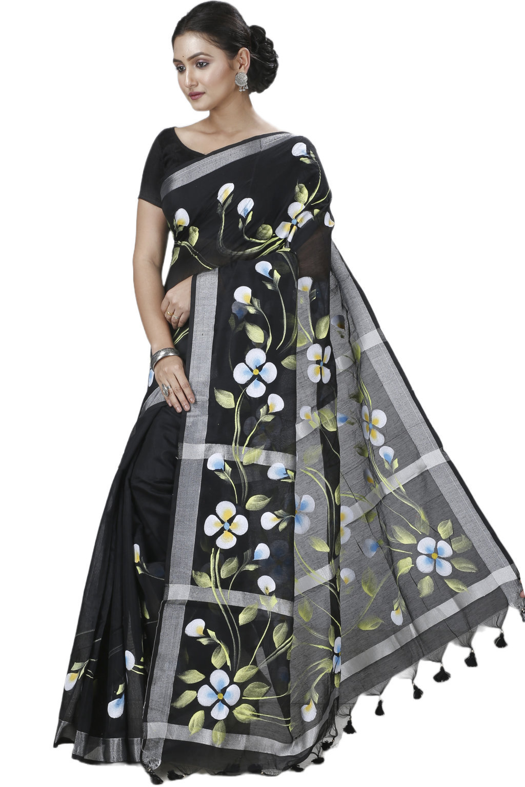Black Blended Cotton Tonika Hand Painted Saree (1217)